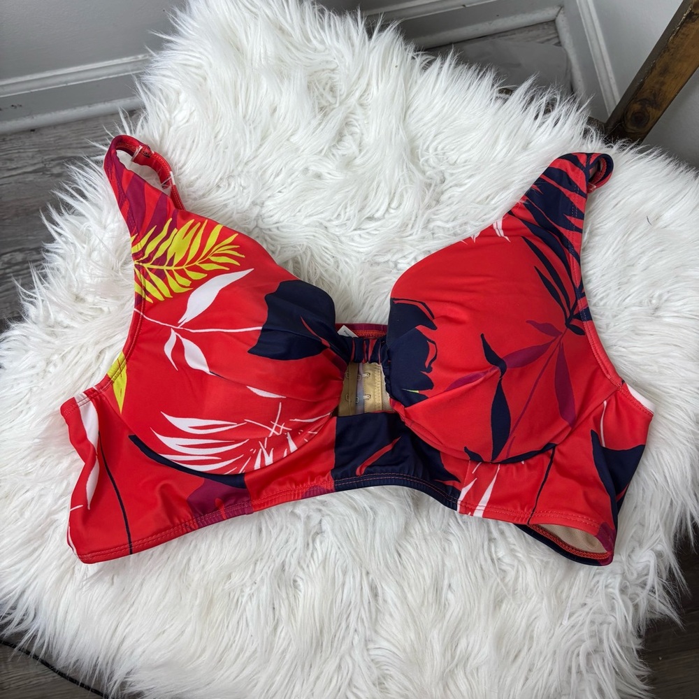 Swim by Cacique Red Tropical Print Plunge Bikini Top 42C